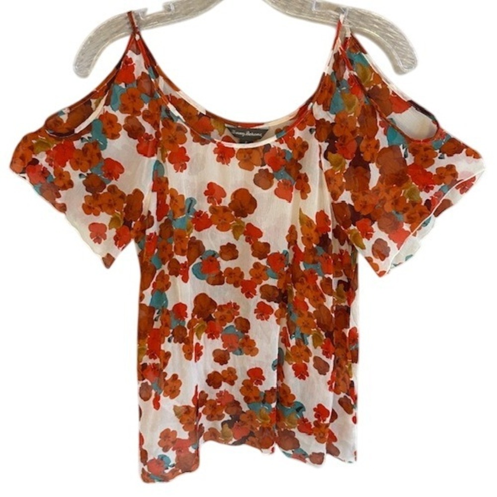 Tommy Bahama Women's Red Floral 100% Silk‎ Cold Shoulder Sheer Blouse 6